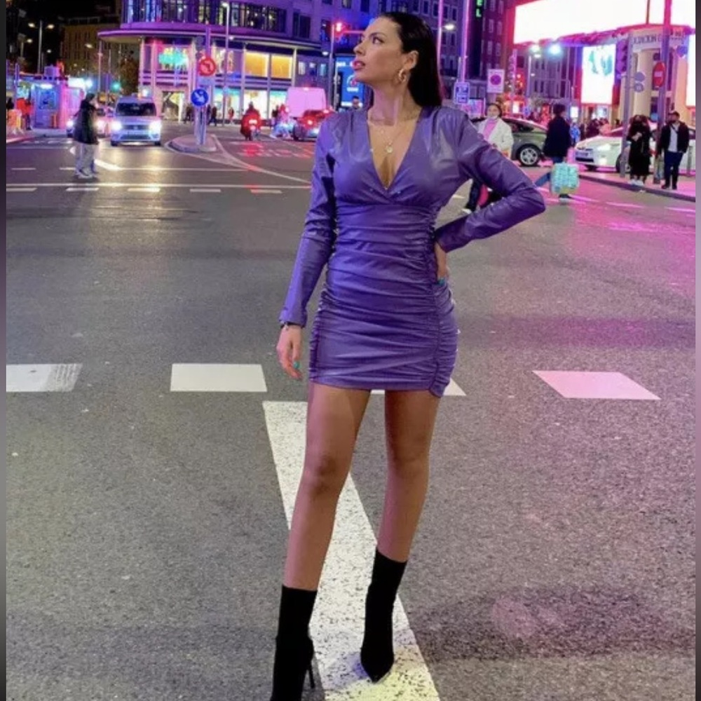 ZARA FAUX LEATHER Wrap-front V-neck Draped LONG SLEEVE DRESS Purple SIZE M NEW